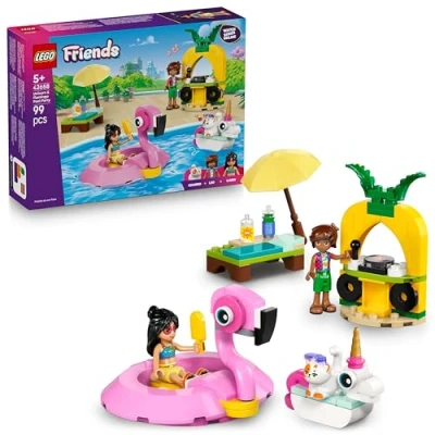 Image of LEGO Friends Unicorn &amp; Flamingo Pool Party Toy with Animal &#039;Floaties&#039;, 2 Mini Dolls, Churro the Cat Accessories incl. a DJ Booth Sunbeds Creative Gift for 5+ Year Old girls 42658