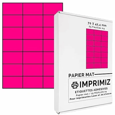 Image of 525 Fluorescent Pink Sticky Labels 70 x 42 mm, 21 per Sheet, 25 A4 Sheets, for Inkjet and Laser Printing