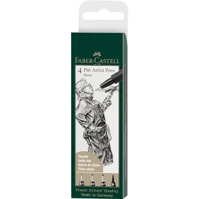 Image of Faber Castell Art &amp; Graphic Pitt Artist Pen India Ink Pen, Black, Wallet Of 4, For Art, Craft, Drawing, Sketching, Home, School, University, Colouring