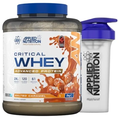 Image of Applied Nutrition Critical Whey Protein Powder 2kg + Plastic Shaker High Powder, Muscle Building Supplement with BCAAs &amp; Glutamine (2kg 67 Servings) (Salted Caramel)