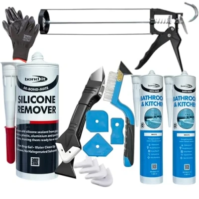 Image of Silicone Sealant Bundle With 2x Bond It White Remover Replace Kit Caulking Tool Gloves &amp; Gun Applicator For Anti Mould Use