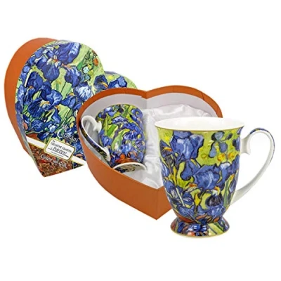 Image of Carmani Set of 2 Fine Bone China Mug for Tea, Coffee in a Heart Shape Gift Box with Vincent Van Gogh Irises 380 ml