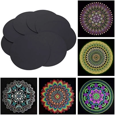 Image of 8Pcs Mandala Painting Board Round Black Cardboard Paper for Dotting and Drawing