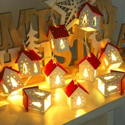 Image of 6.5FT Christmas String Lights,Houses LED Battery Powered Lights,10 Little Wooden Houses Cluster with Warm White Light,Fairy Lights for Wedding Birthday(Christmas Tree)