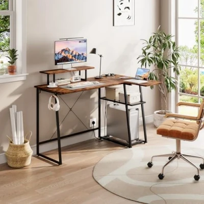 Image of Dripex L Shaped Computer Desk with 2 Tier Storage Shelves, Corner Power Outlets, USB Charging Ports &amp; Tablet Slot, Modern Work Study Table for Home Office, Rustic Brown