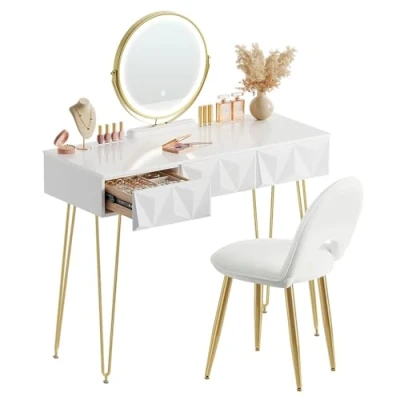 Image of EUGAD Dressing Table with Mirror, Adjustable LED Light, Vanity Desk Velvet Stool, Make up 3 Solid Wood Drawers, High Gloss Tabletop 100x40 cm, Stylish Dresser White+Gold, 0054SZT