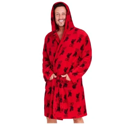Image of Liverpool F.C. Fleece Dressing Gown with Hood, Pockets, Tie Waist, Cosy Robe Gifts for Him (Red, XL)