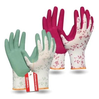 Image of Gebol Flower Duo 2 Pairs Size M (Size 8) Garden Gloves Double Pack in Trendy Colours 2023 Work with Floral Pattern Soft Latex Coating for Good Grip Women Red Green