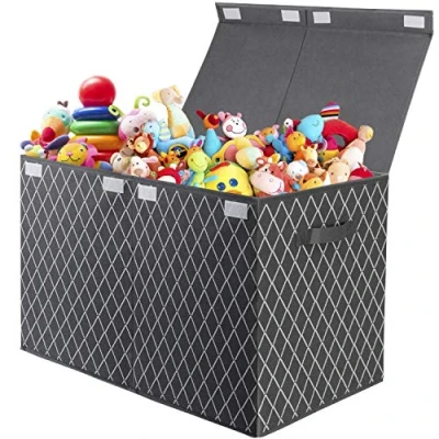 Image of VERONLY Toy Storage Boxes for Boys Large Kids Chest, Foldable Fabric Box Basket Organzier with lid and 2 handles Toys,Books,Blankets,Clothes (Grey)