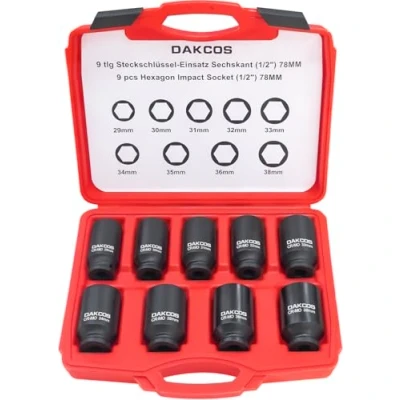 Image of DAKCOS 9pcs 1/2&quot; Impact Socket Set Wrench Nuts 29 30 31 32 33 34 35 36 38mm Long Hex Power Nuts, CR MO