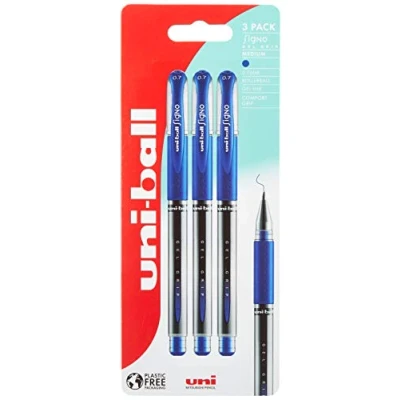 Image of Uni Ball UM 151S Gel Grip Rollerball Pens. Premium Medium 0.7mm Ballpoint Nib for Super Smooth Handwriting, School, Journaling and Note Taking. Fade &amp; Water Resistant Ink. Pack of 3 Blue