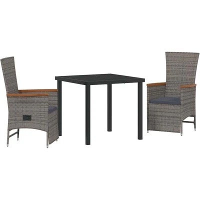 Image of vidaXL 3 Piece Garden Dining Set with Cushions Grey Poly Rattan