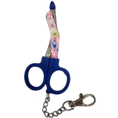 Image of Novelty Nurse Mini Utility Scissors with Clip and Chain Blue Handle Pink Bubble Design Blades