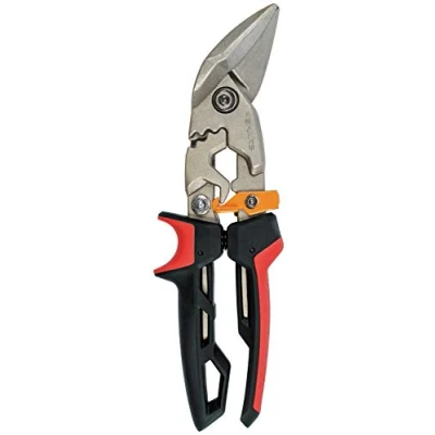 Image of Fiskars PowerGear Aviation Snip Offset Left Cut, 40% More Power, Length 25.2cm, Heat Treated Steel Blade/Plastic Handle, Black/Red/Orange, 102721, Orange/Black/Red