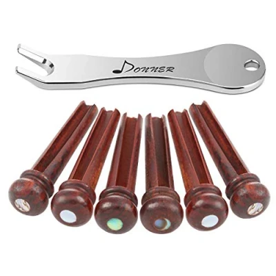 Image of Donner Acoustic Guitar Bridge Pins, 6 PCS Wooden Pins Inlaid 3mm Abalone Dot with Puller and Sandpaper (Brown Cocobolo)