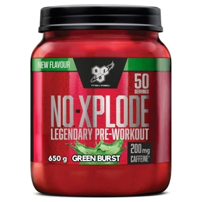 Image of BSN Nutrition N.O. Xplode Pre Workout Powder Food Supplement, Energy and Focus Booster with Caffeine, Amino Acids, Vitamin C Zinc, Green Burst Flavour, 50 Servings, 650 g