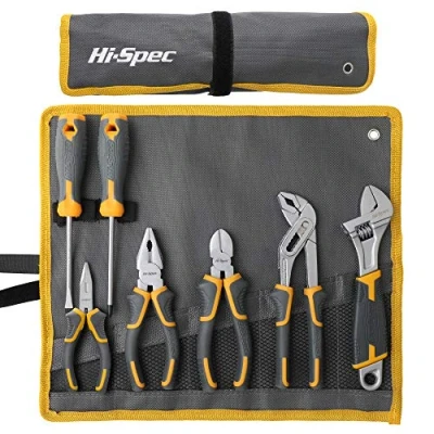 Image of Hi Spec Tools 7pc Pliers Set &amp; Wrench Hand Tool Kit with Screwdrivers. Complete Home DIY Basics of Diagonal Plier Adjustable Spanner
