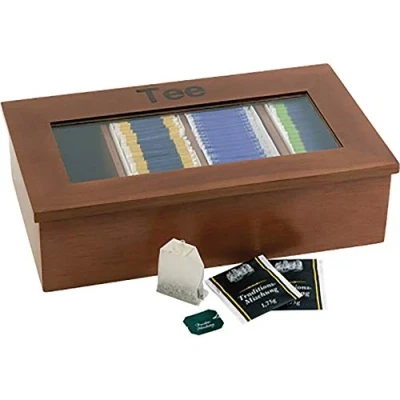 Image of APS teabox Premium wooden with window, 4 chambers for 30 tea bags each, lid stays open
