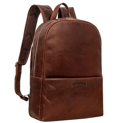 Image of STILORD &#039;Chicago&#039; Business Backpack Genuine Leather Laptop in Stylish Vintage Look Men Ladies with Compartment Unisex, Colour:Sonora Cognac
