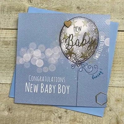 Image of WHITE COTTON CARDS BABY BOY BLUE BALLOON NEW CARD, HAND FINISHED (ST23)