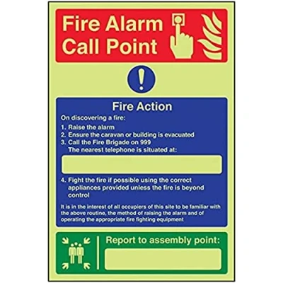 Image of V Safety Glow In The Dark Caravan Site Fire Action/Your Assembly Point Is: Sign 200mm x 300mm Rigid Plastic