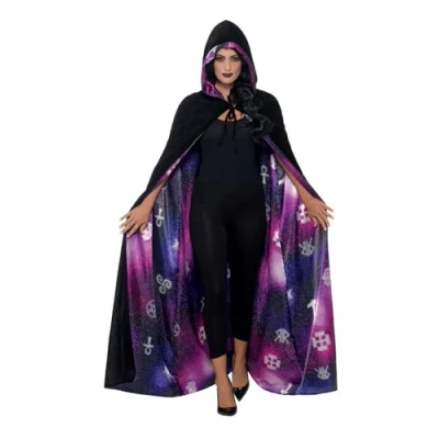 Image of Smiffys Deluxe Reversible Galaxy Ouija Cape, Black &amp; Purpl Unisex, Halloween Fancy Dress Accessory, Up Accessories