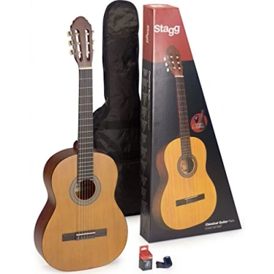 Image of Stagg C430 M NAT guitar pack with 3/4 natural coloured classical linden top, tuner, bag