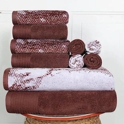 Image of 100% Cotton Marble Effect 10 Piece Towel Set, Solid and Luxurious Jacquard, Super Soft, Plush Absorbent, 2 Bath Towels, 4 Hand Wash Cloths Brown