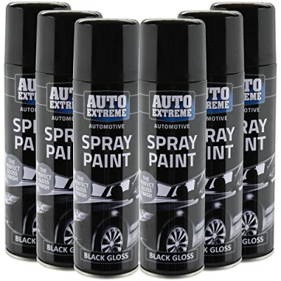 Image of All Purpose Automotive Spray Paint 250ml Can Black Gloss Finish Aerosol Metal Interior Exterior Fast Dry Excellent Coverage Adhesion 6 Pack
