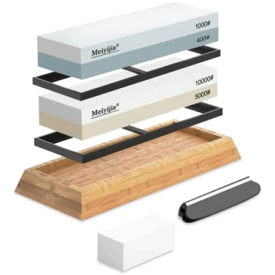 Image of Meiyijia Knife Sharpener, Premium 2 in 1 Whetstone Waterstone, 4 Grits, Non Slip Bamboo Base, Angle Guide, Repairing Stone, For Kitchen Knives, 18x6x3cm
