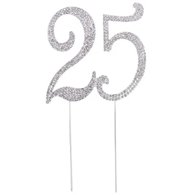Image of TOYMYTOY 25 Cake Topper for 25th Birthday Party or Anniversary Crystal Rhinestones Decorative Supplies (Silver)