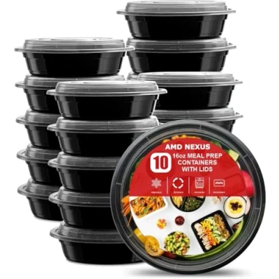 Image of AMD Nexus Round Plastic Meal Prep Containers (20 Pack, 16oz) Reusable BPA Free Food with Airtight Lids Microwavable, Freezer and Dishwasher Safe