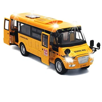 Image of 9&quot; Pull Back School Bus,Light Up &amp; Sounds Die cast Metal Toy Vehicles with Bright Yellow and Openable Doors