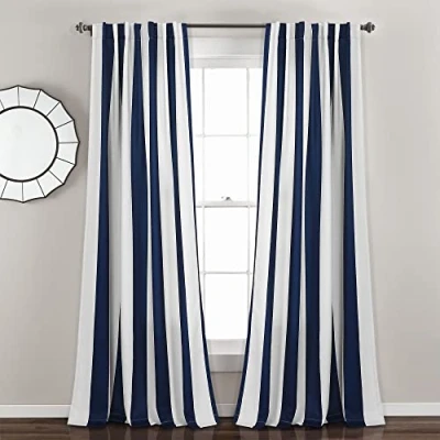 Image of Lush Decor Wilbur Stripe Light Filtering Window Curtain Panel Pair, 84&quot; Long x 52&quot; Wide, Navy
