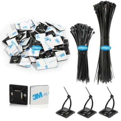Image of 200 Pcs Cable Ties Black with 100 Self Adhesive Wire Tie Mount Base Holders, Clips Strong Pads, Management Set for Home Office Warehouse