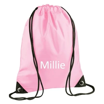 Image of JJLC Personalised School Sports Gym PE Drawstring Bag Embroidered Name (Pink)