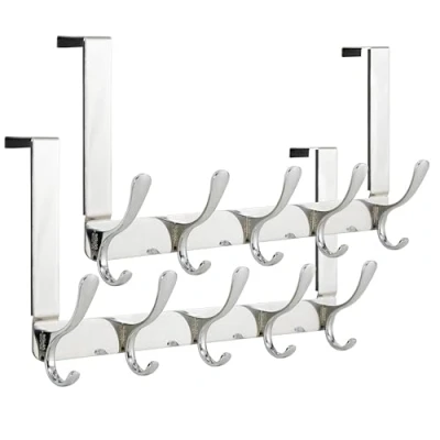 Image of SKOLOO Over The Door Hook 5 Hooks, Hanger for Hanging Clothes/Towels/Coats/Backpack/Hat, Coat Rack(2 Pack,Silver)