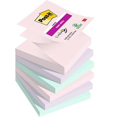 Image of Post it Super Sticky Z Notes Soulful Color Collection, Pack of 6 Pads, 90 Sheets per Pad,76 mm x 76 mm, Pink, Purple, Green Extra For Note Taking, To Do Lists &amp; Reminders