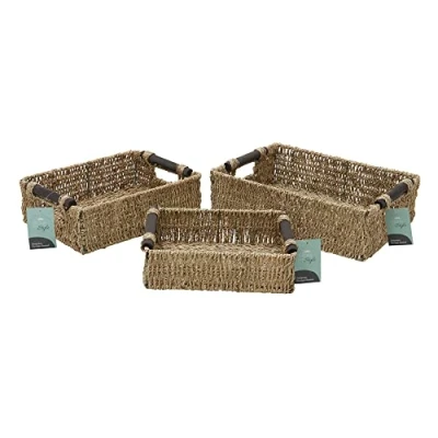Image of JVL Seagrass Set of 3 Rectangular Storage Baskets with Wooden Handles, Natural