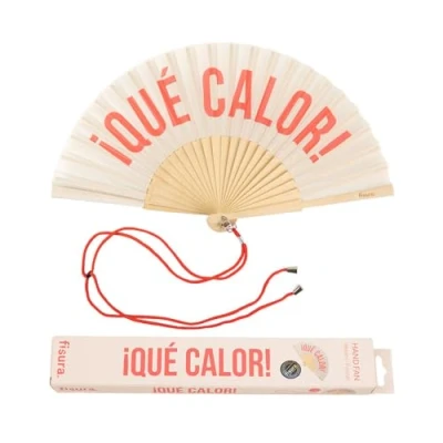 Image of Fisura Original handheld folding Fan with the message in Spanish. Wooden fan. holding Hand Fans. hanger included (Que calor, beige and red)