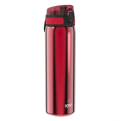 Image of ION8 Steel Water Bottle, 600 ml/20 oz, Leak Proof, Easy to Open, Secure Lock, Dishwasher Safe, Hygienic Flip Cover, Fits Cup Holders, Carry Handle, Durable, Metal Red