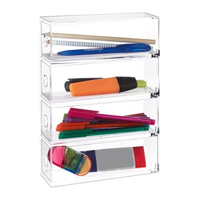 Image of Relaxdays Acrylic Make Up &amp; Cosmetic Organiser with 4 Drawers, Upright / Horizontal, Storage Box, HWD: 25x17.5x6.5 cm, Transparent