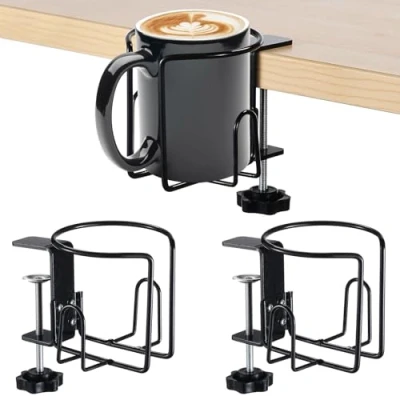 Image of 3 Pcs Desk Cup Holders, Anti Spill Clamp on Drink Mounts for Table, Adjustable Coffee Bottle Racks Desks, Tables, Wheelchairs, Support Horizontal or Vertical Surface Mounting