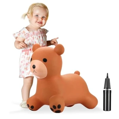 Image of Curvaso Brown Bear Animal Bouncy Jump Space Hopper Inflatable Ride On Kids Children&#039;s Fun Toy Gift For Boys Girls Indoors Outdoors Pump Included PA2305