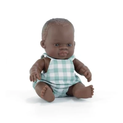 Image of Miniland Baby Doll African Boy 21cm. Made in Spain with vanilla scent. Anatomically correct. My friends &amp; Me collection