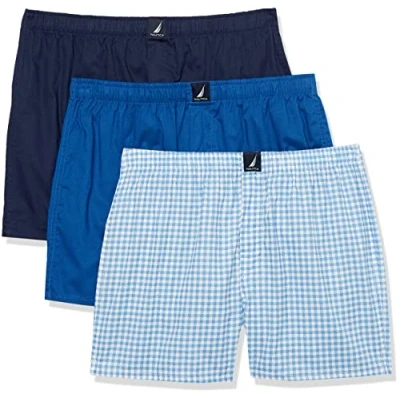 Image of Nautica Men&#039;s Cotton Woven 3 Pack Boxers Shorts, Peacoat/Monaco Blue/Med Check Print, M