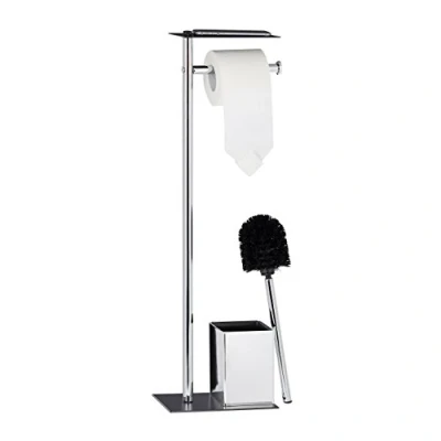 Image of Relaxdays Butler with Paper Holder, Toilet Brush Container, H x W D 66 20 13 cm, Black Silver, 66.5 13.5 cm