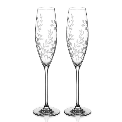Image of DIAMANTE Crystal Champagne Flutes Prosecco Glasses Pair ‘Breeze’ Intricately Etched Floral Leaves Pattern Set of 2
