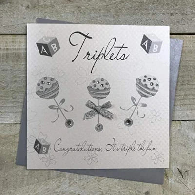 Image of WHITE COTTON CARDS Silver Rattles Triplets Congratulations It&#039;s Triple The Fun Handmade New Baby Card, White, DM4,16cm x 16cm