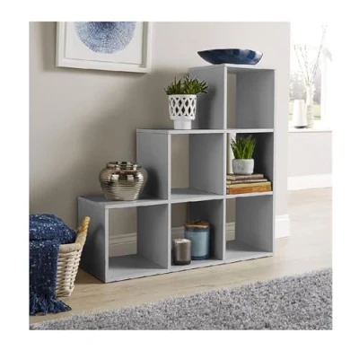 Image of Home Source Step Style Storage 6 Cube Bookcase Wooden Display Staircase, Grey